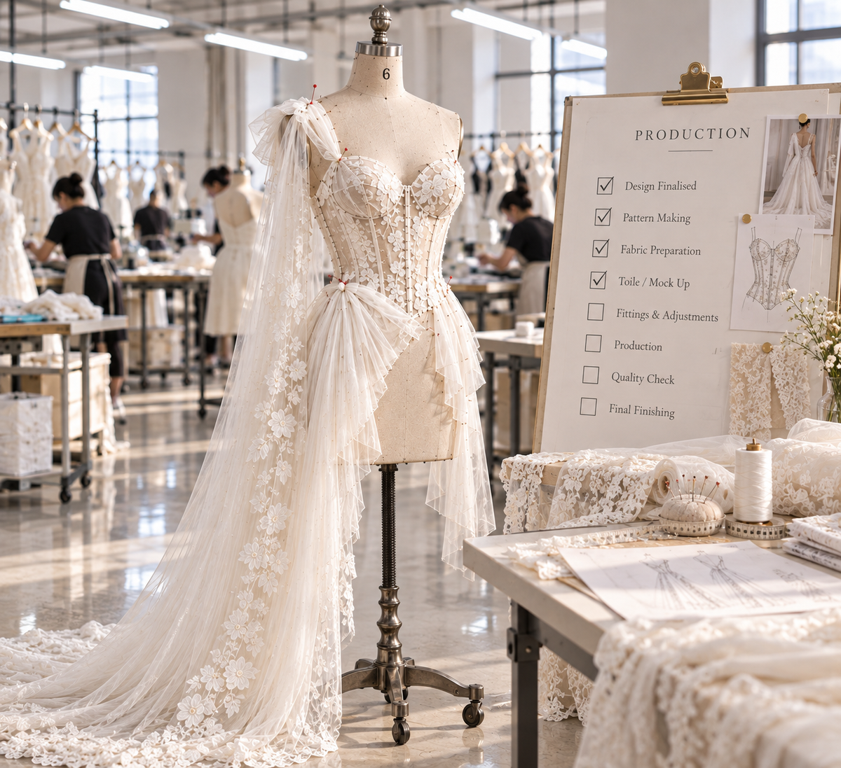 floral lace wedding gown displayed on a mannequin showing custom made process 