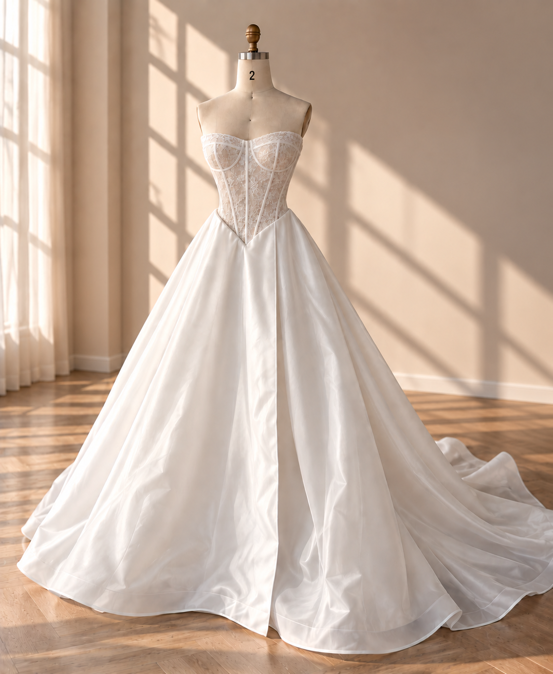 custom wedding dress with lace bodice baque waistline in full A line silhouette 