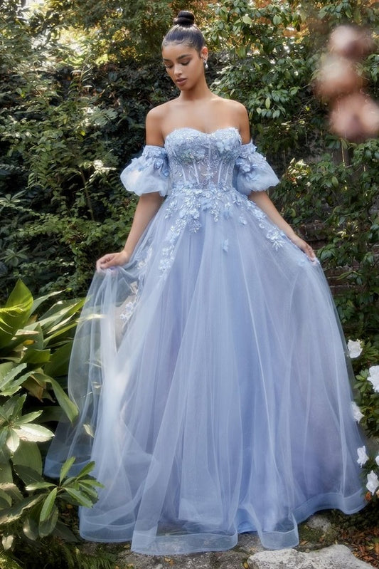 DREA | Detachable Puff Sleeve Floral Blue Wedding Gown