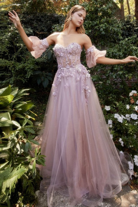 DREA | Detachable Puff Sleeve Floral Blush Pink Wedding Gown