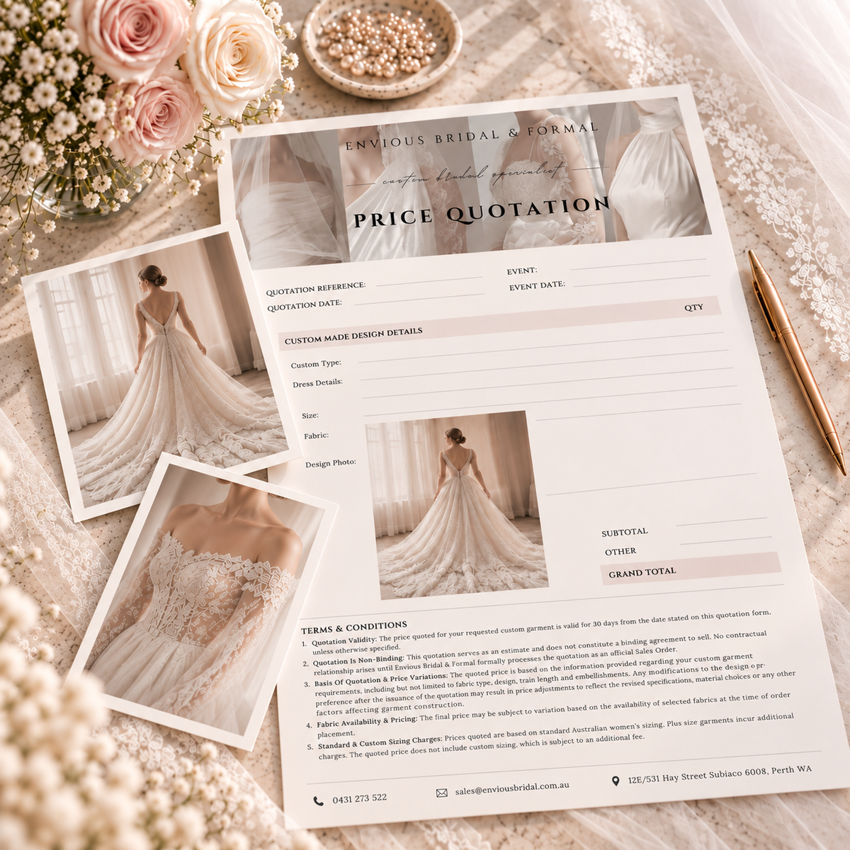 Envious Bridal custom wedding dress price quote 