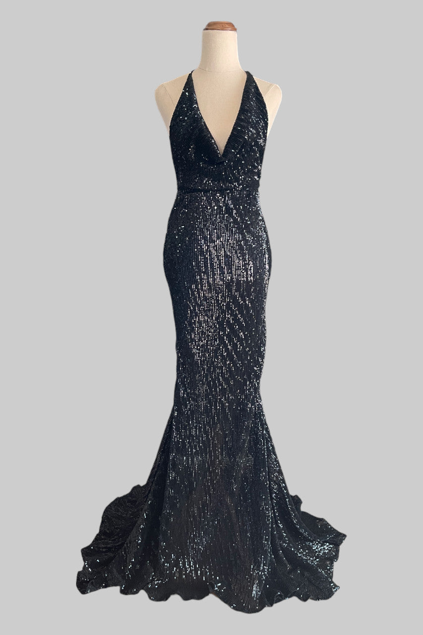 halter backless black sequin formal dresses Perth Australia Envious Bridal & Formal