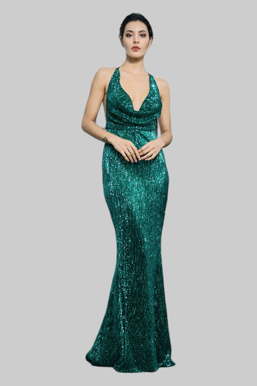 Halter backless green sequin formal dresses Perth Australia Envious Bridal & Formal