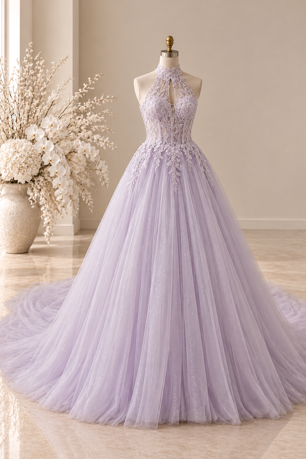 lavender lilac purple high neck halter lace bodice with tulle A line silhouette wedding gown