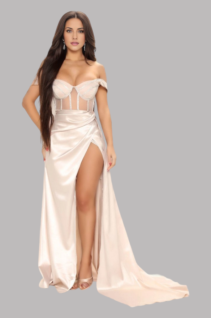 off the shoulder corset bodice chanmpagne formal dress envious bridal & formal