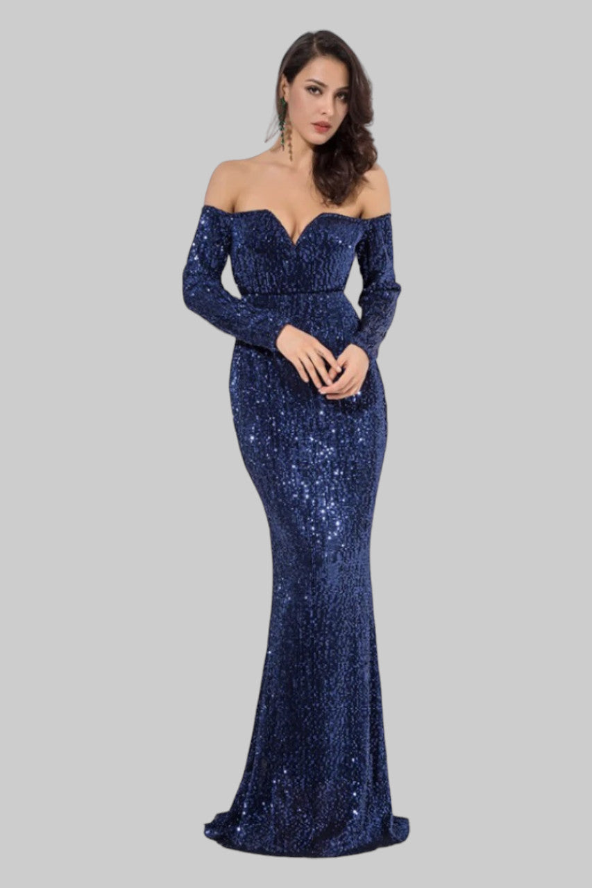 long sleeve sequin navy blue formal gowns Perth Australia Envious Bridal & Formal