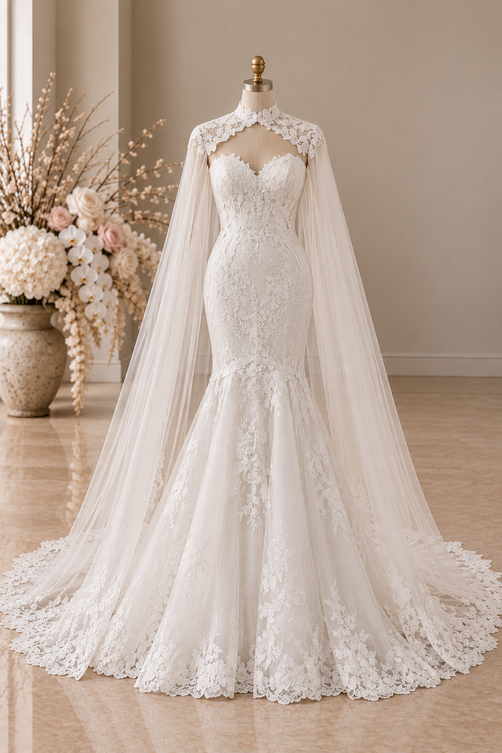 ivory lace mermaid-style wedding gown with detachable lace tulle cape