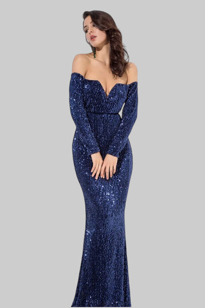 off the shoulder long sleeved navy sequin formal dress Envious Bridal & Formal