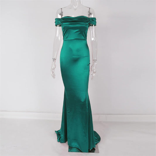 Off the shoulder satin emerald green bridesmaid dress Perth Australia Envious Bridal & Formal