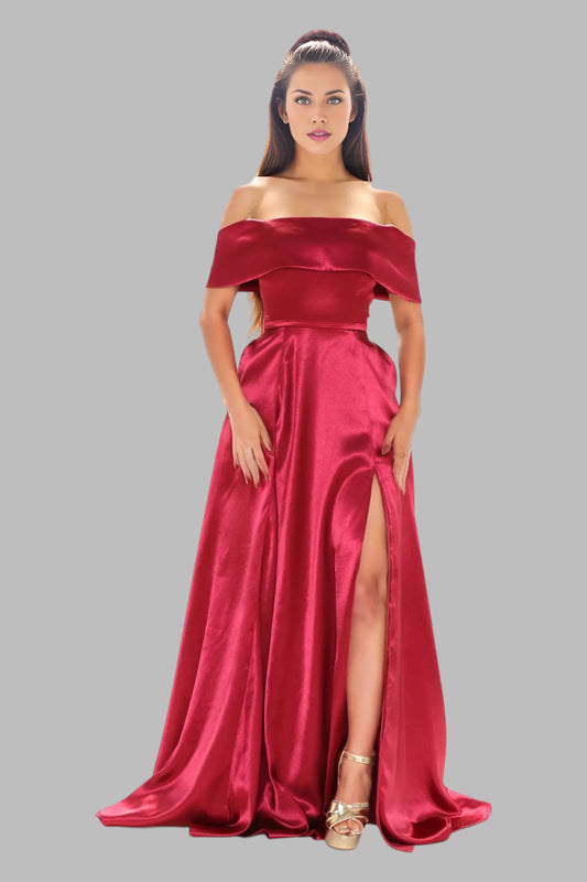 Off shoulder satin A line red ball dresses Perth Australia Envious Bridal & Formal