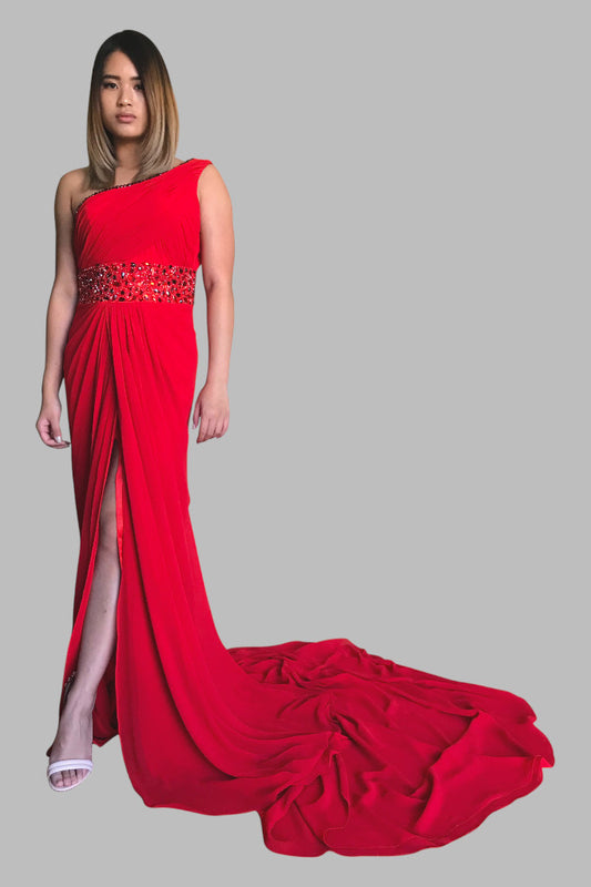 one shoulder chiffon red formal dresses custom made Perth Subiaco Envious Bridal & Formal