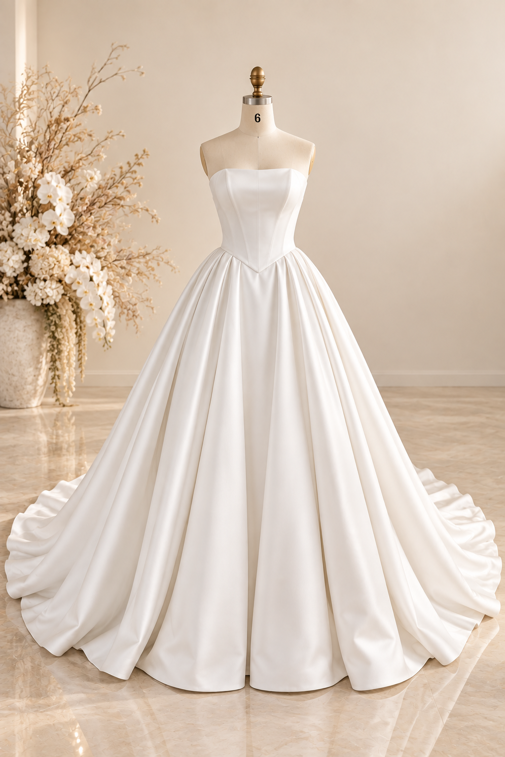 strapless white satin wedding gown 