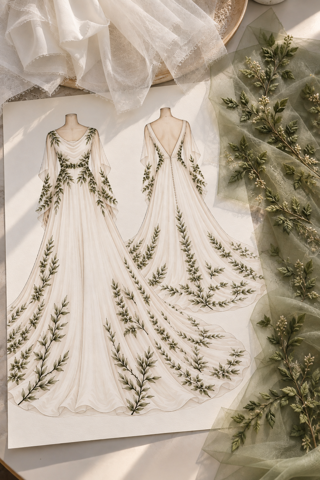 custom designed and bespoke made wedding dress sketch at Envious Bridal 