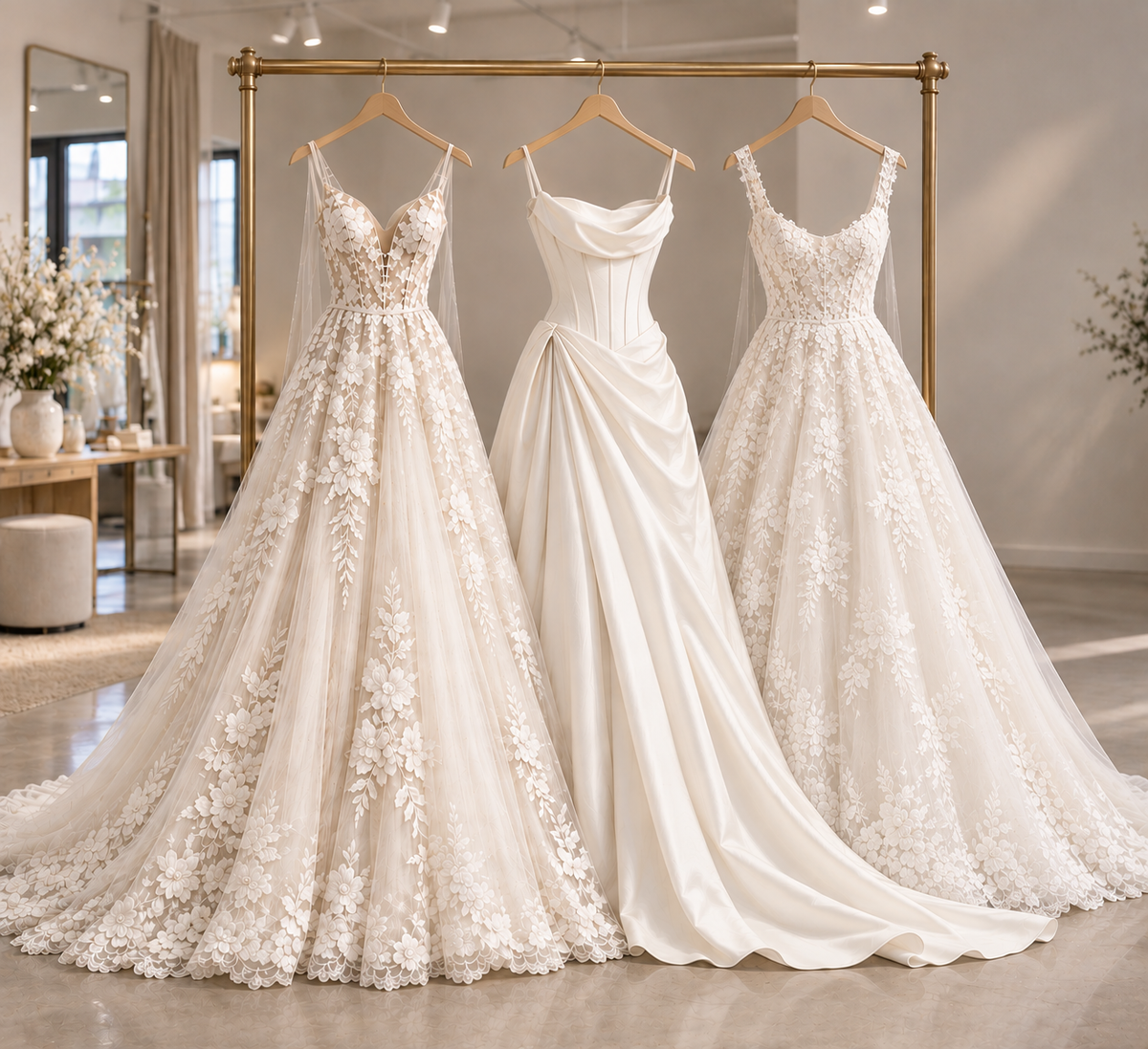 wedding dresses on rack in bridal store 