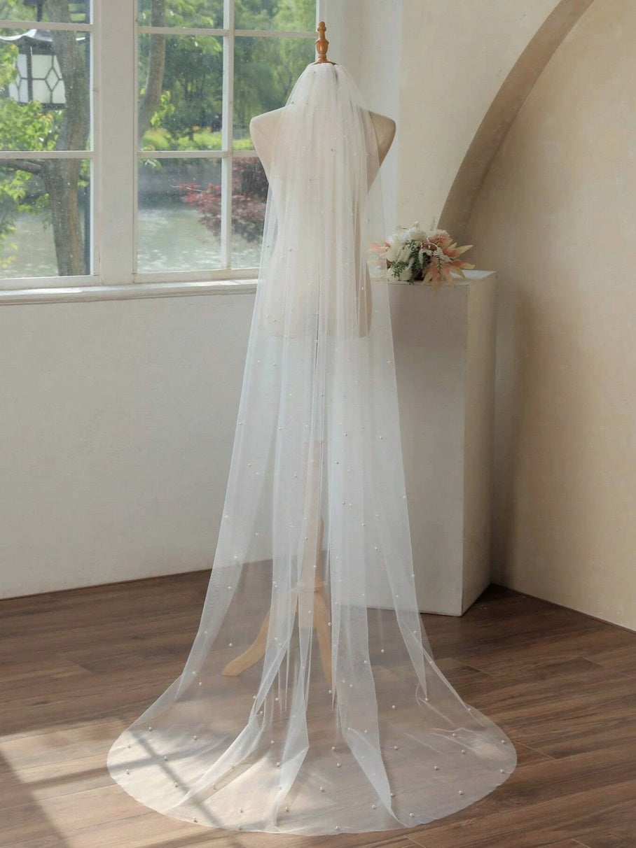 ivory white tulle veil with pearls custom made perth australia Envious Bridal & Formal