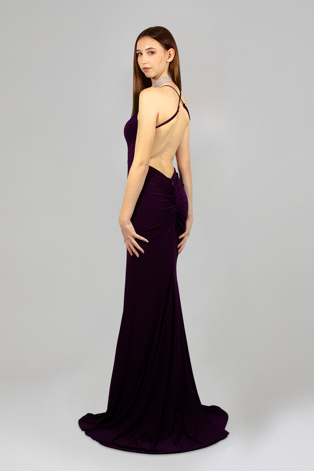 DENISA Slinky Dark Purple Backless Formal Dress Envious Bridal Formal