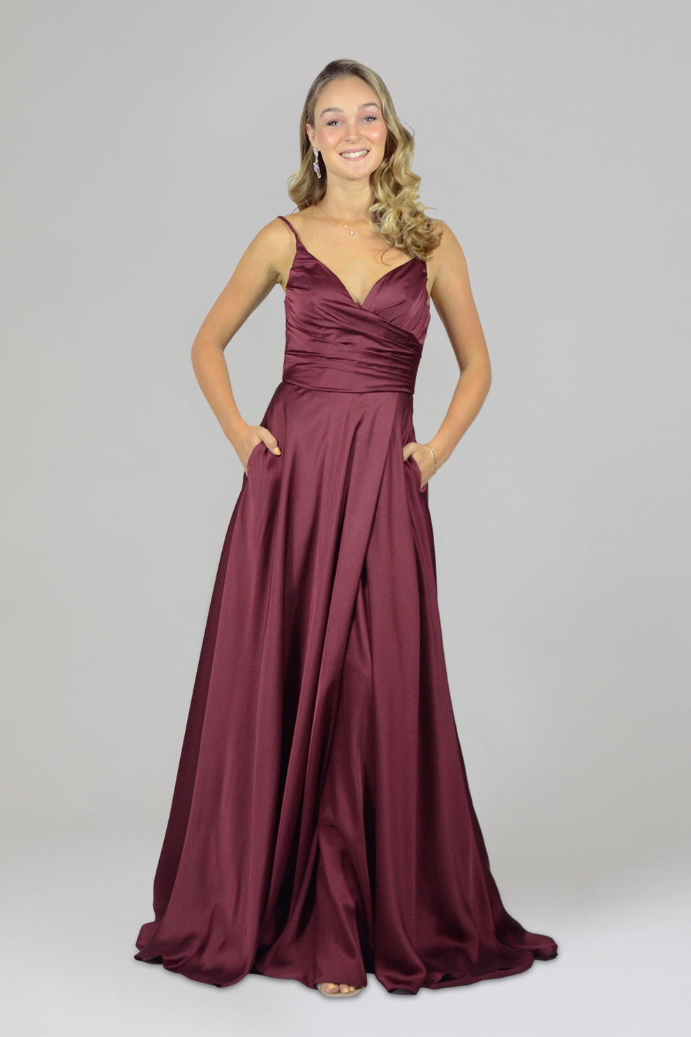 DEVORIA | Burgundy Satin A Line Bridesmaid Dress – Envious Bridal & Formal