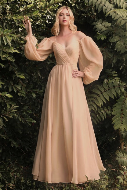 champagne chiffon off the shoulder long sleeve bridesmaid dress perth australia envious bridal & formal