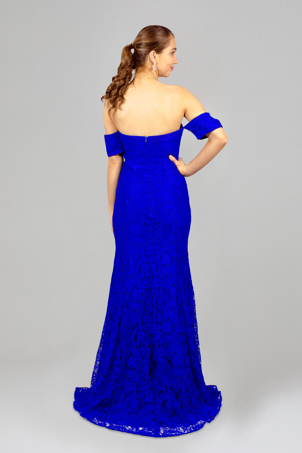 ELIXIS  Off Shoulder Sleeve Cobalt Blue Lace Formal Dress