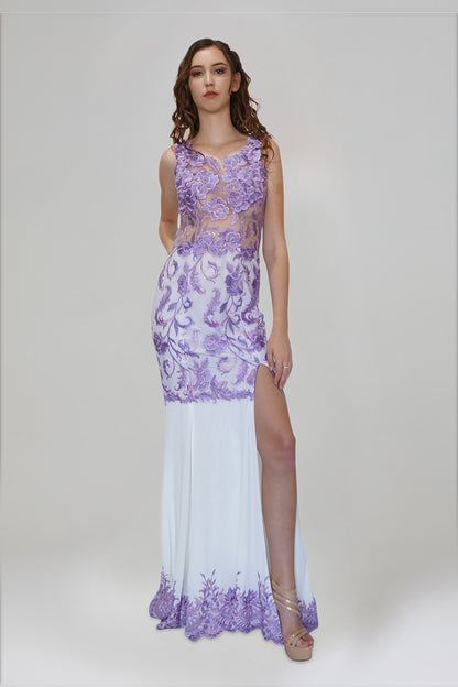 FANTASIA Lilac Embroidered Lace Illusion Bodice Formal Dress
