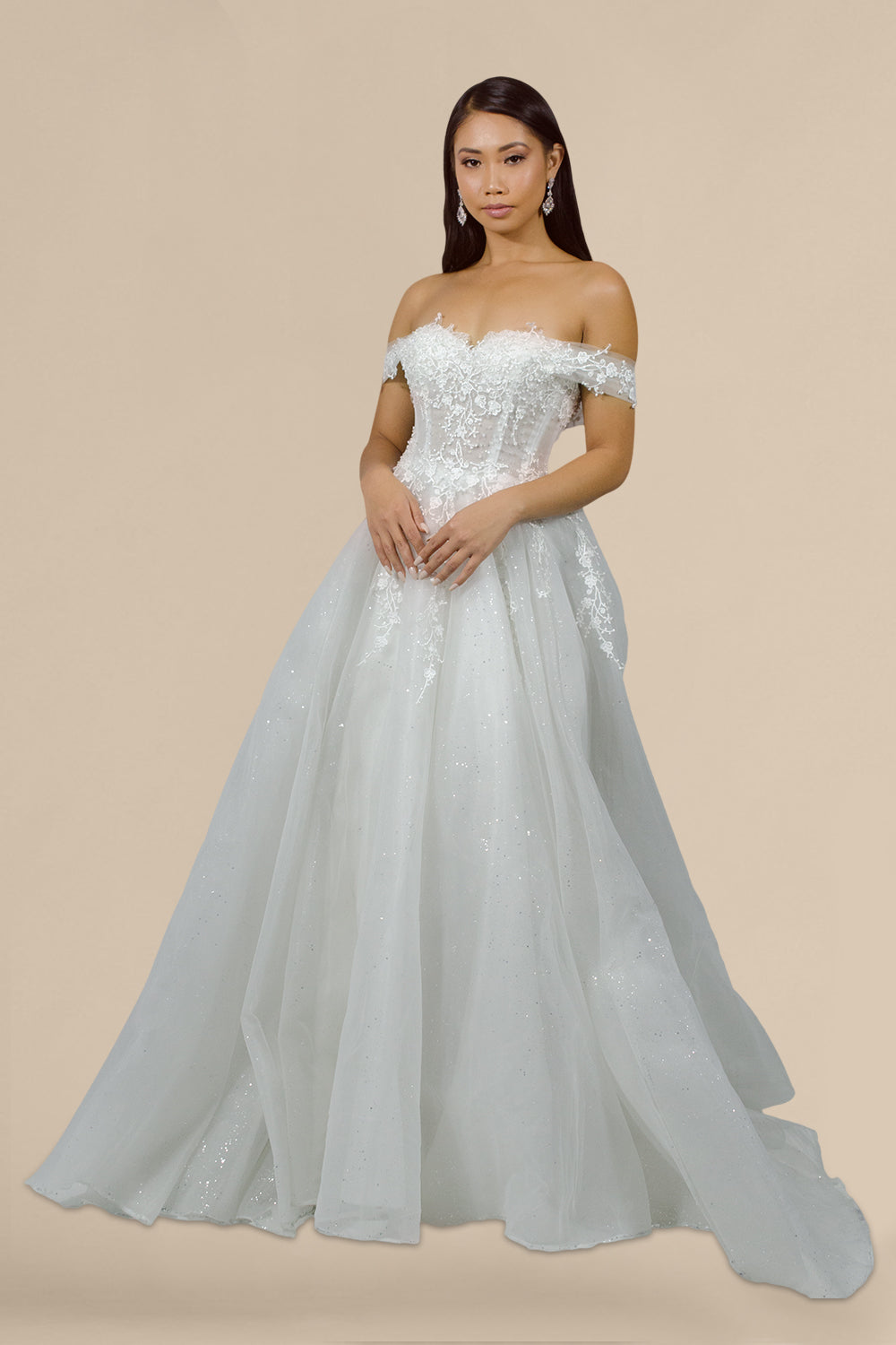 RATTANA Off Shoulder Shimmer A Line Wedding Gown Envious