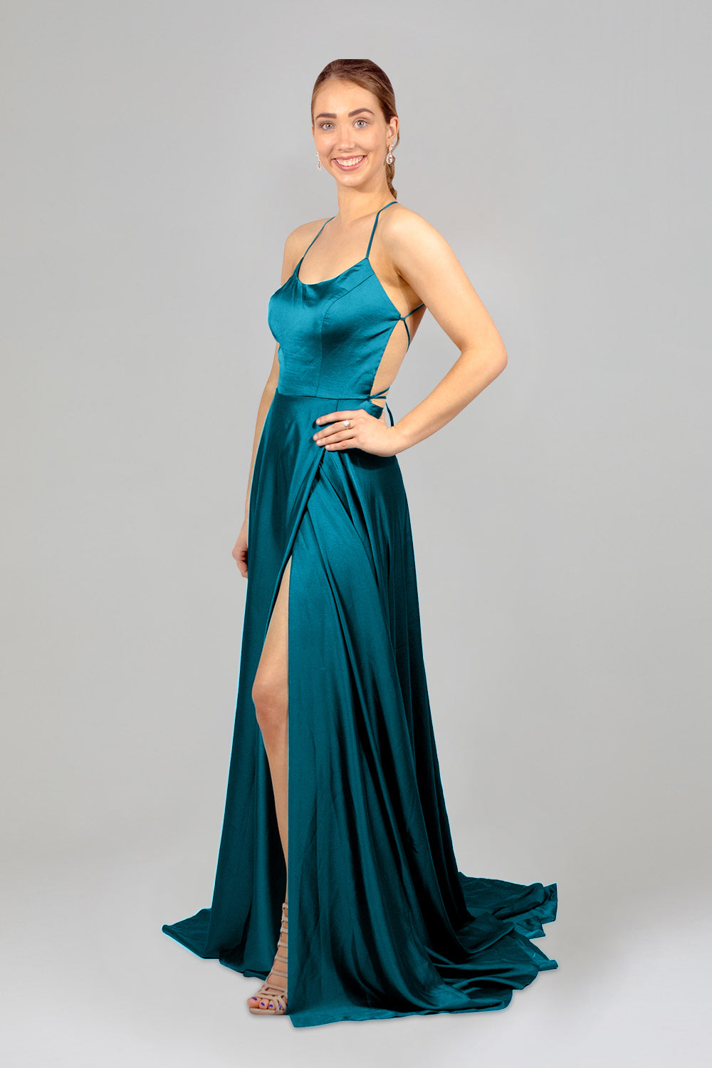 ADRIELLE | Tie Up Back Teal Silk Formal Gown Envious Bridal & Formal ADRIELLE | Tie Up Back Teal Silk Formal Gown Envious Bridal & Formal