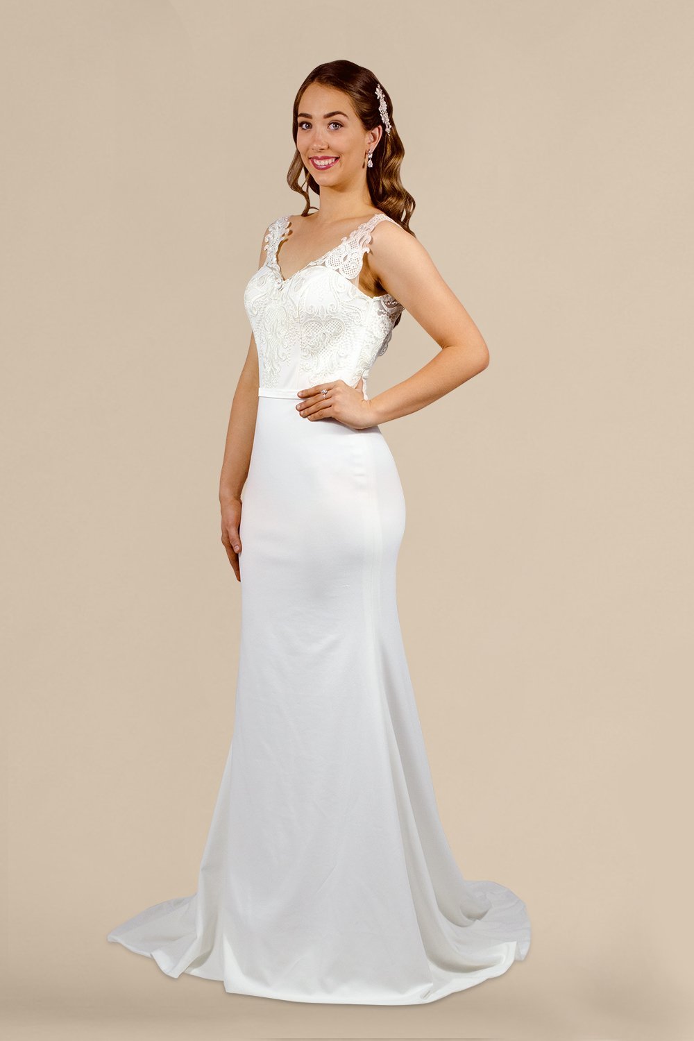 lace & crepe mermaid wedding dress custom made perth australia envious bridal & formal