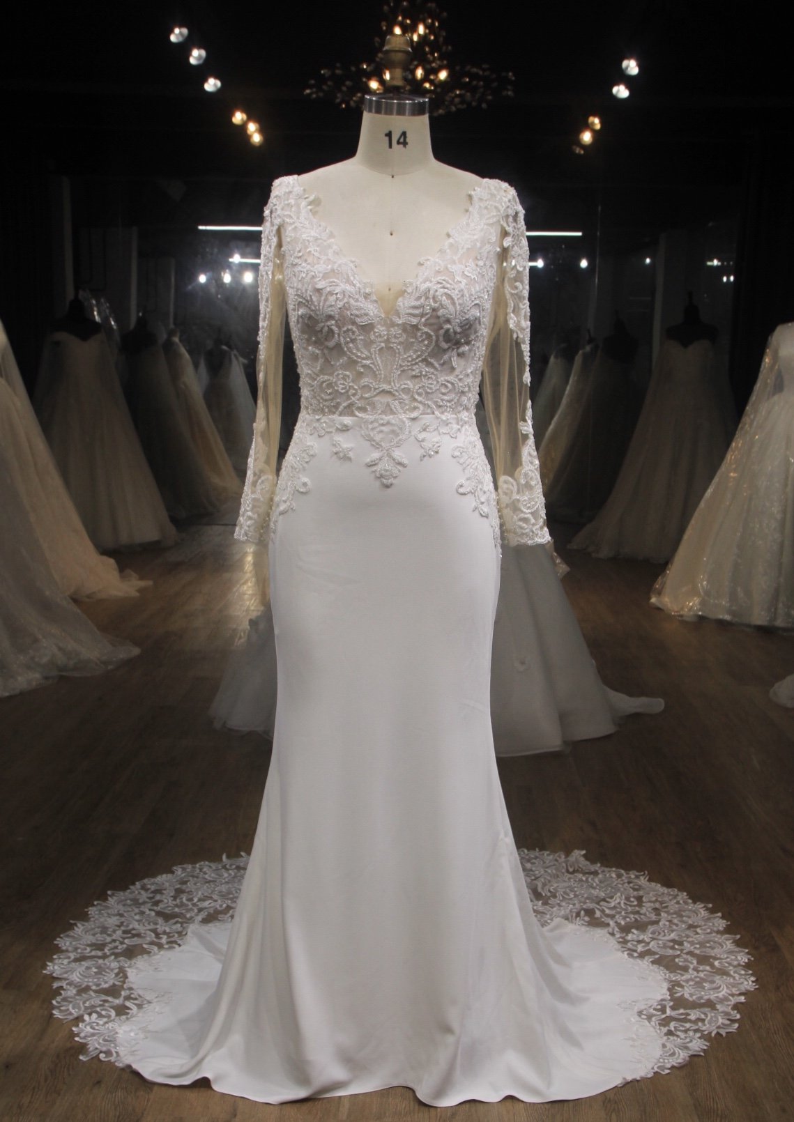 HENRIETTA | Illusion Long Sleeve Lace & Crepe Wedding Dress - Wedding Dress Envious Bridal & Formal