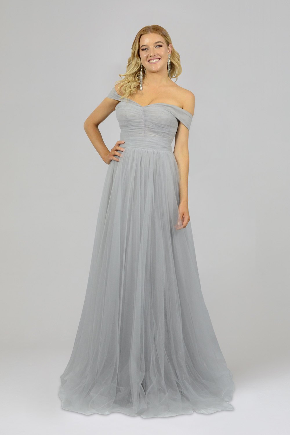 off the shoulder tulle formal gown bridesmaid dresses