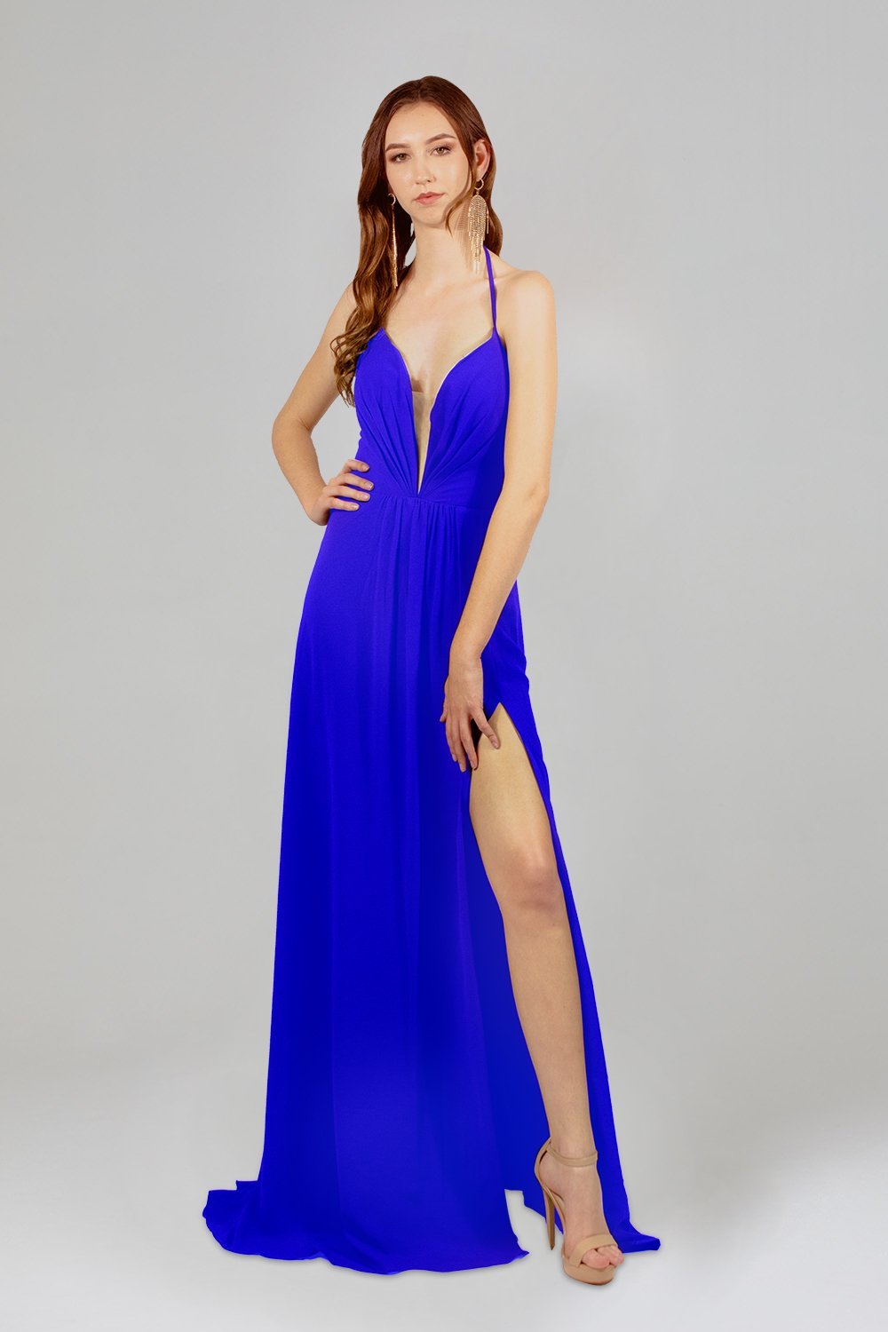 chiffon cobalt blue formal dress with thigh split perth australia envious bridal & formal