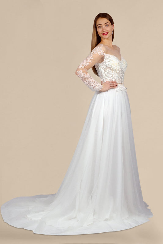 long illusion sleeve A line wedding gown custom made envious bridal & formal perth australia