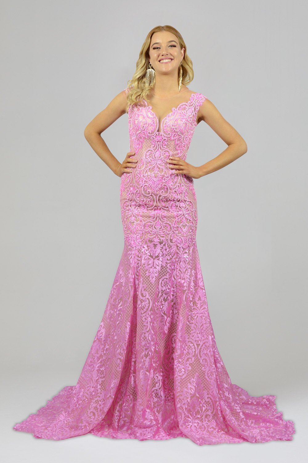 pink lace mermaid formal gown formal dresses 