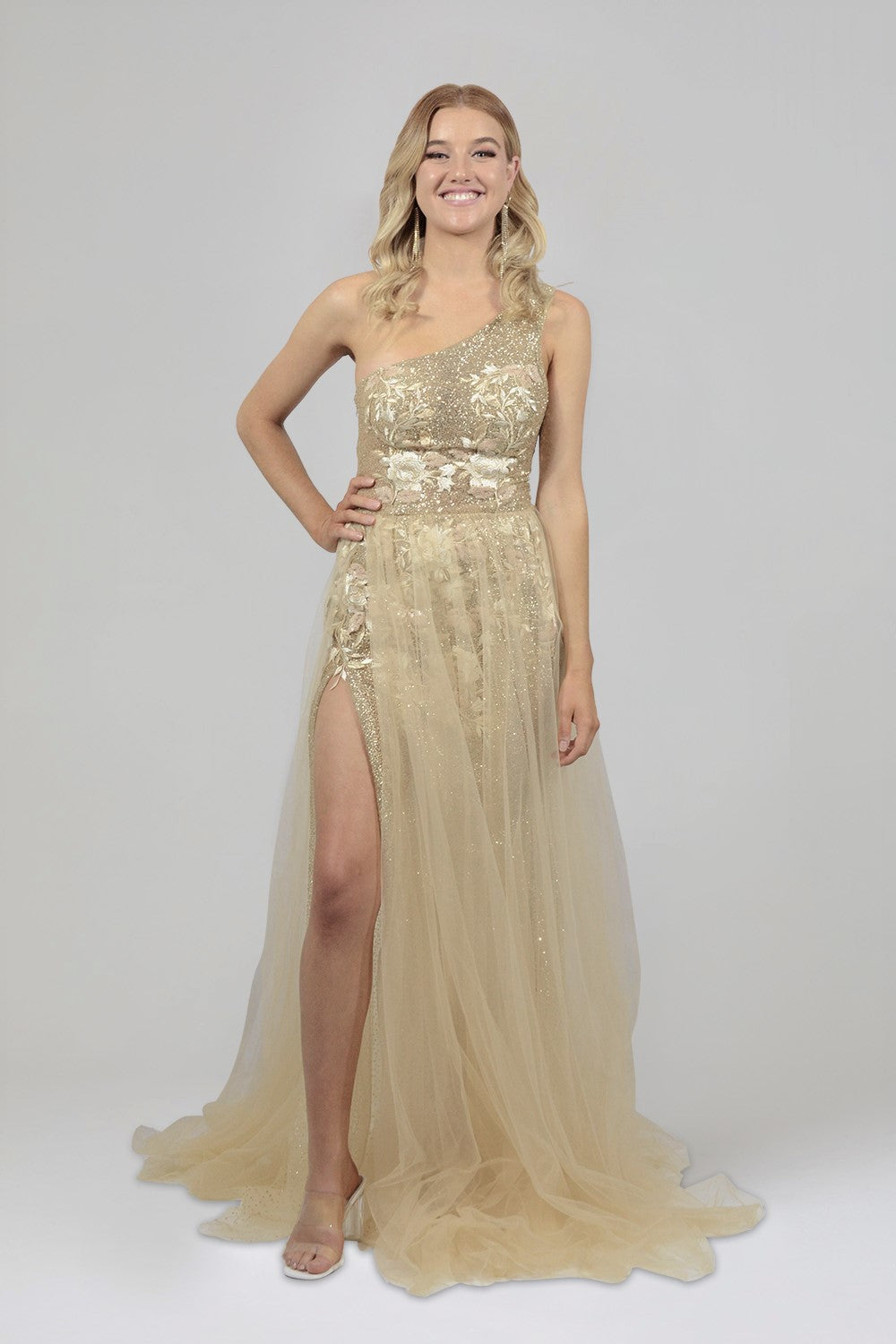 one shoulder shimmer gold formal gown custom made envious bridal & formal