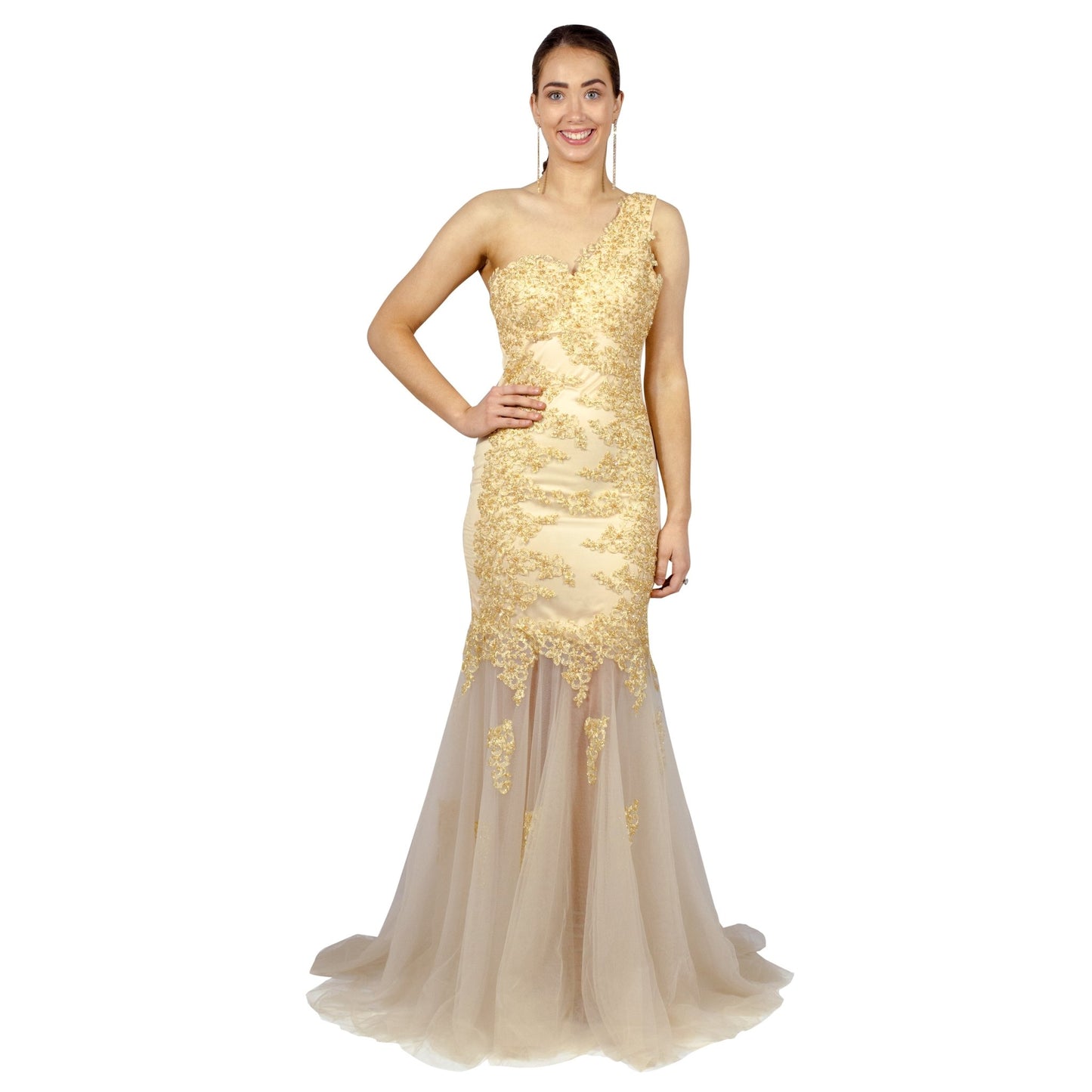 OTTILIA | One Shoulder Beaded Gold Fishtail Formal Dress - All Products Envious Bridal