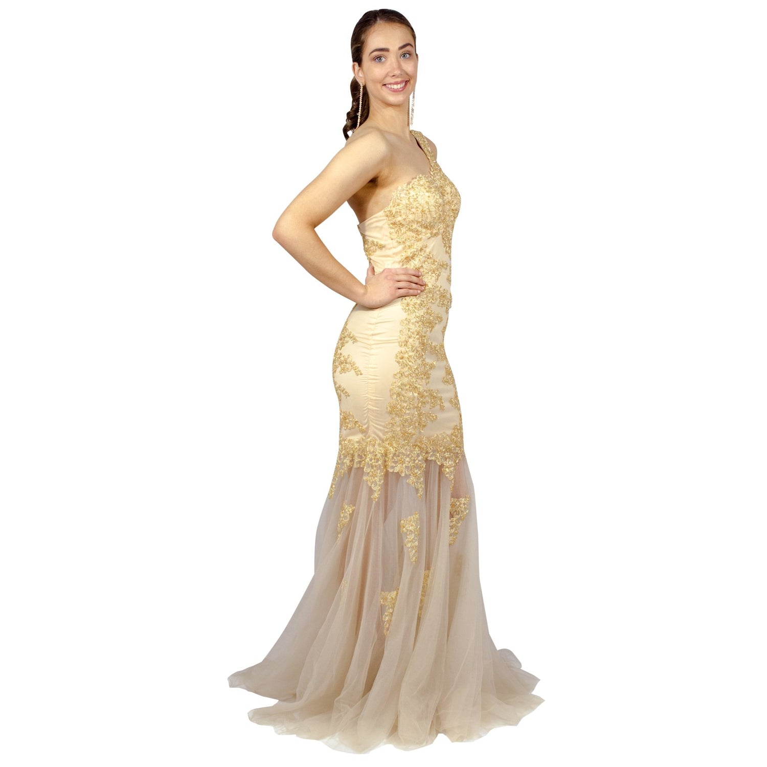 OTTILIA | One Shoulder Beaded Gold Fishtail Formal Dress - All Products Envious Bridal