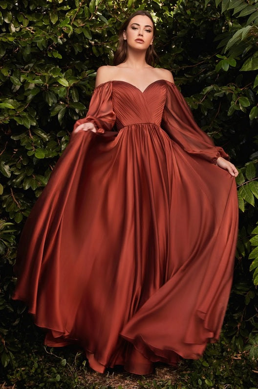 rust chiffon off the shoulder long sleeve bridesmaid dresses perth australia envious bridal & formal