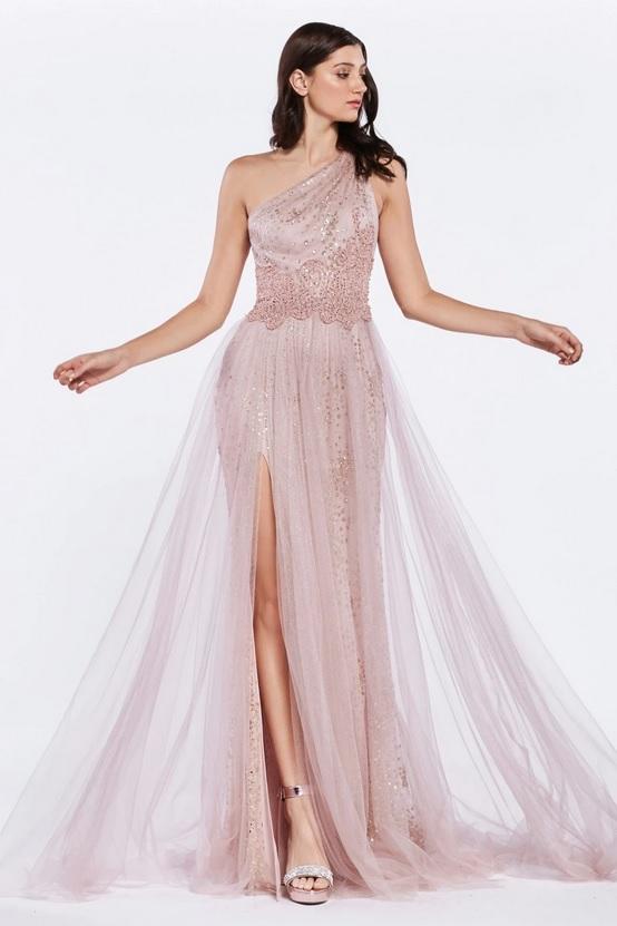 TULIANA | One Shoulder Tulle Rose Gold Formal Gown - All Products Envious Bridal